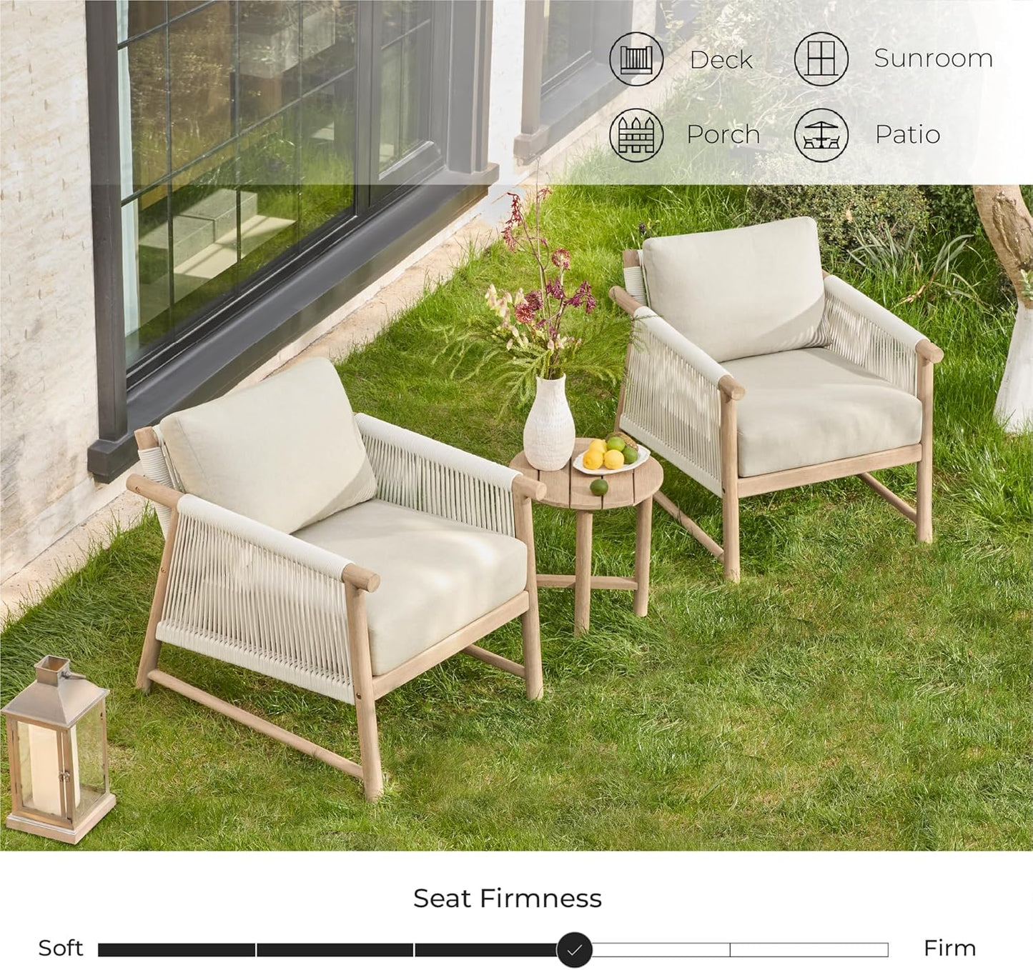 CHITA 3 Pieces Boho Patio Rattan Bistro Set, Outdoor Wicker Chairs & Side Table Set with Acacia