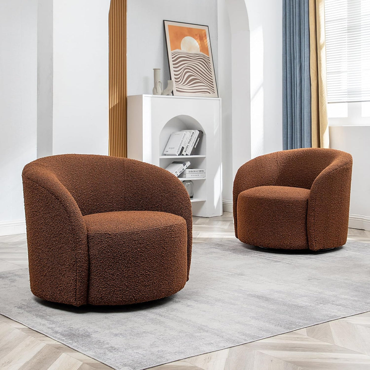 KINWELL 34" W Swivel Barrel Chair Set of 2, Mid Century Modern Round Upholstered Boucle Swivel