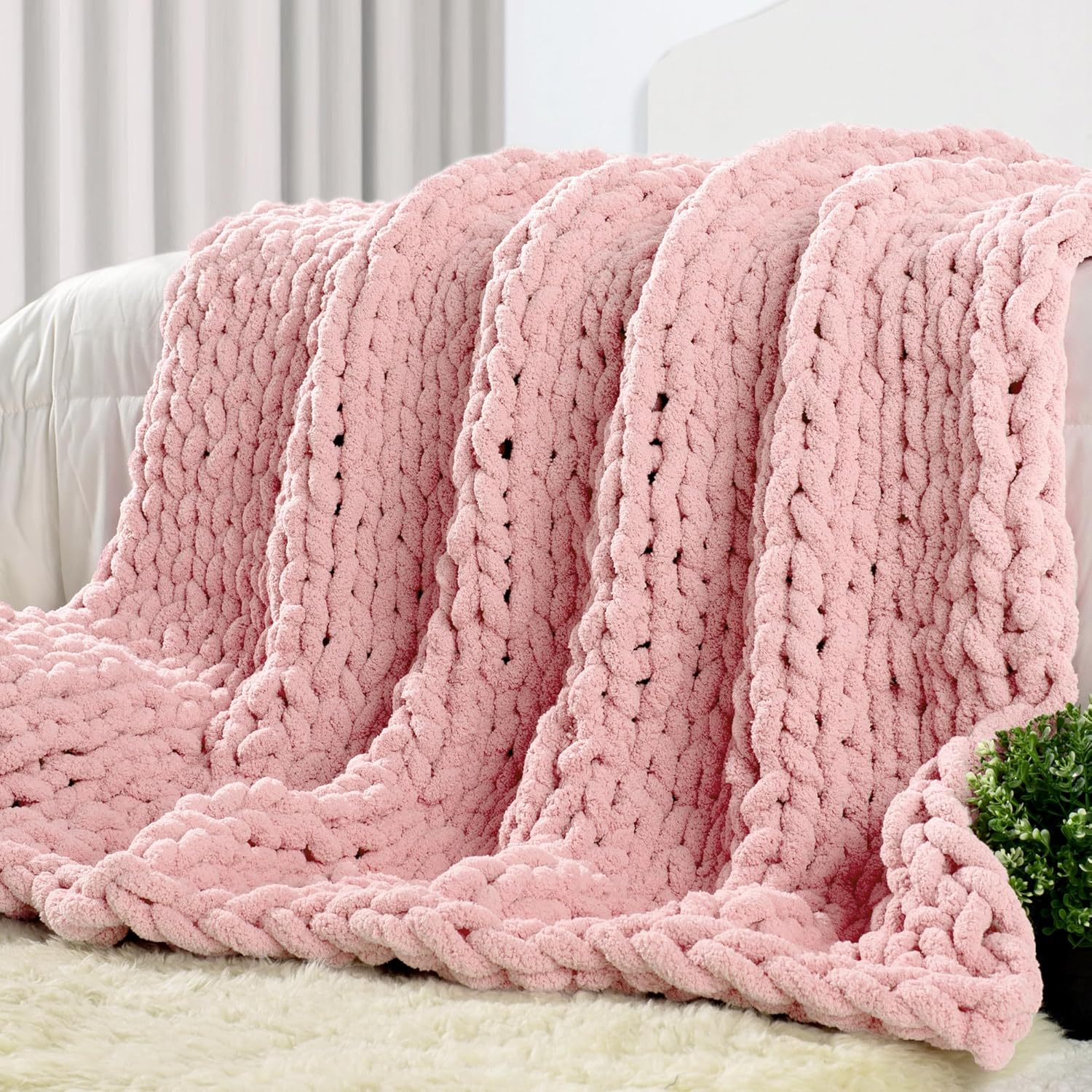 Carriediosa Chunky Knit Throw Blanket 60" X 80" Twin, 100% Hand Made Large Chenille Loop Yarn Soft