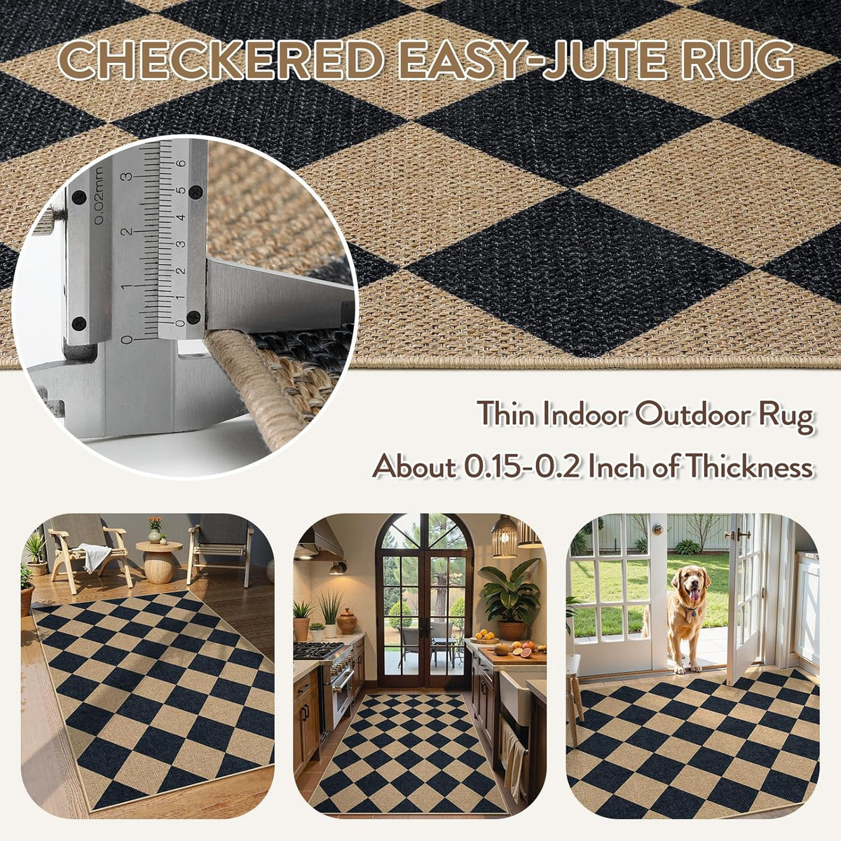 Lahome Checkered Easy Jute 3x5 Outdoor Patio Rug, Washable Rugs for Entryway Diamond Indoor Outdoor