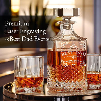 Luxury Gift For Men - Best Dad Ever - Unique Engraved Whiskey Decanter Set For Beloved Dad