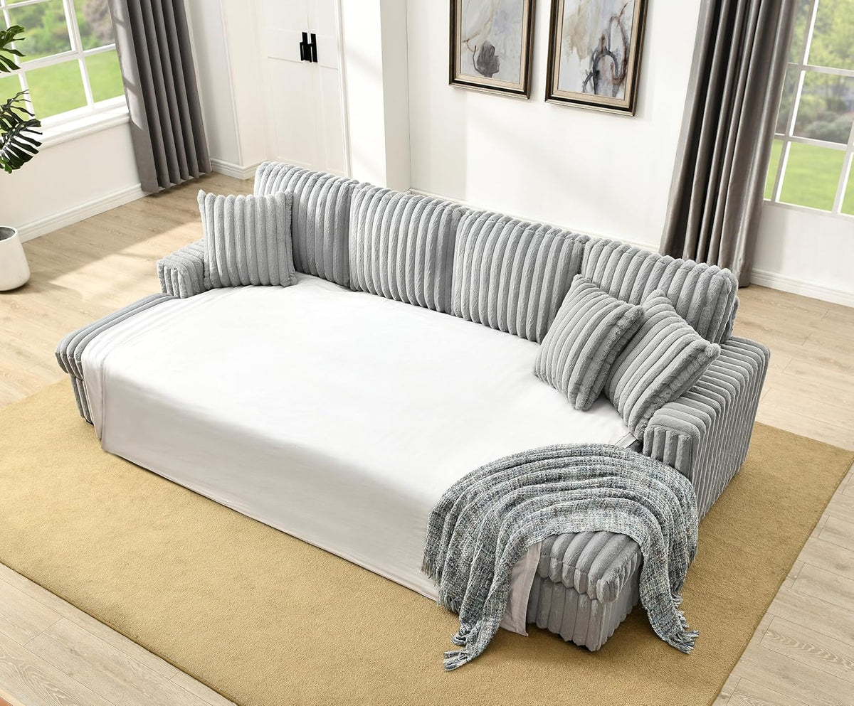 THSUPER Oversized U Shaped Plush Corduroy Fluffy Sectional Sleeper Sofa with Pull Out Bed and
