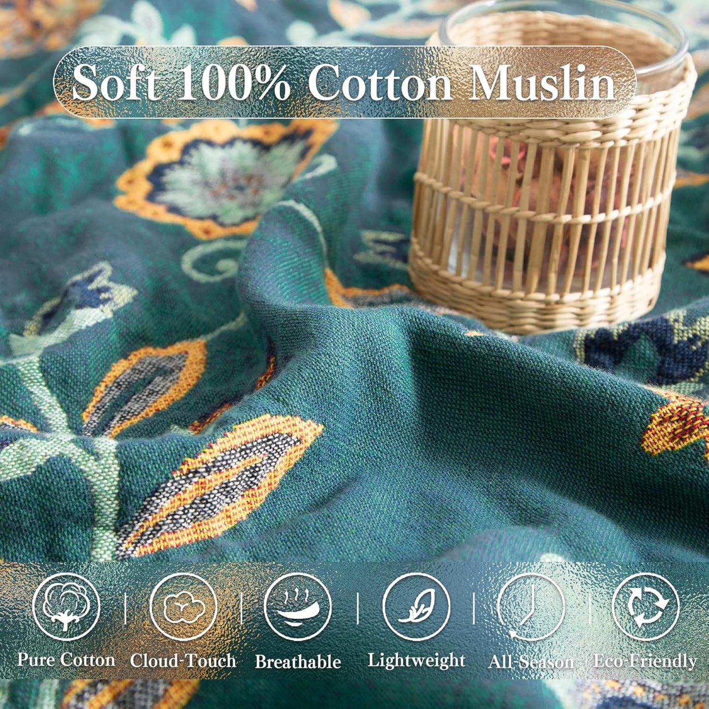 Boho Throw Blanket Twin Size, Soft Cozy Cotton Muslin Quilt Blanket for Bed Decor, Floral Patterned