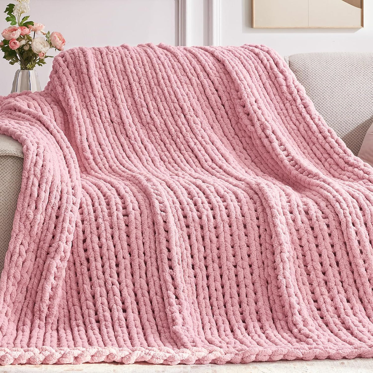 Chunky Knit Throw Blanket, 30''*40'' Knitted Throw Chenille Yarn for Bed Couch, Handmade Light Pink