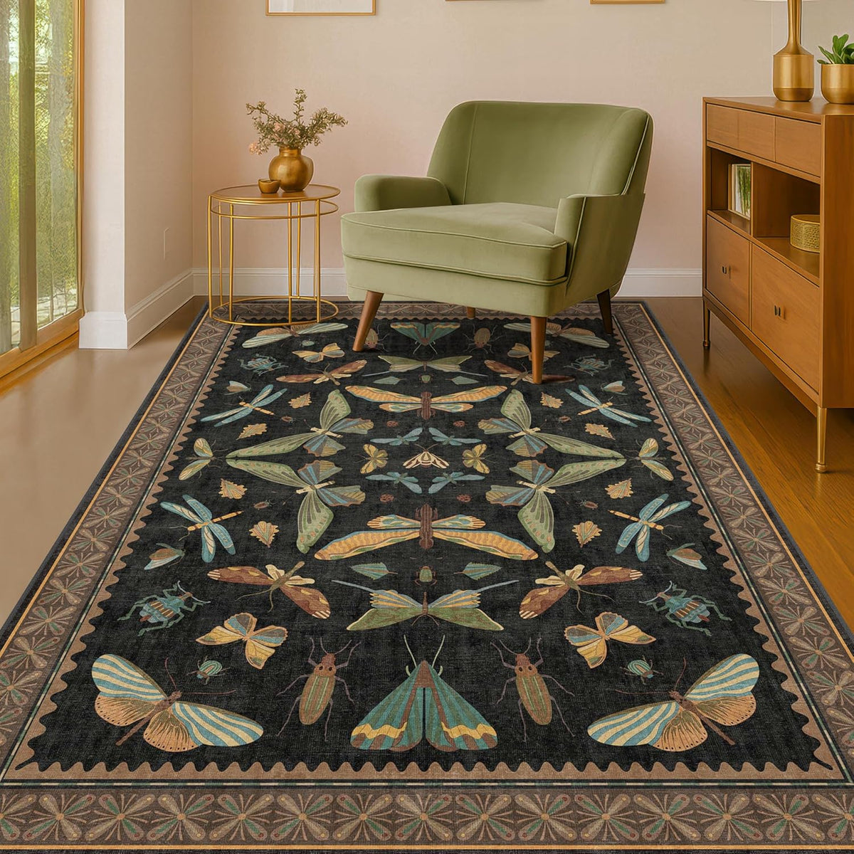 Insect Print Washable 4x6 Entryway Rug - Non-Slip Low Pile Area Rug for Large Kitchen, Bedroom