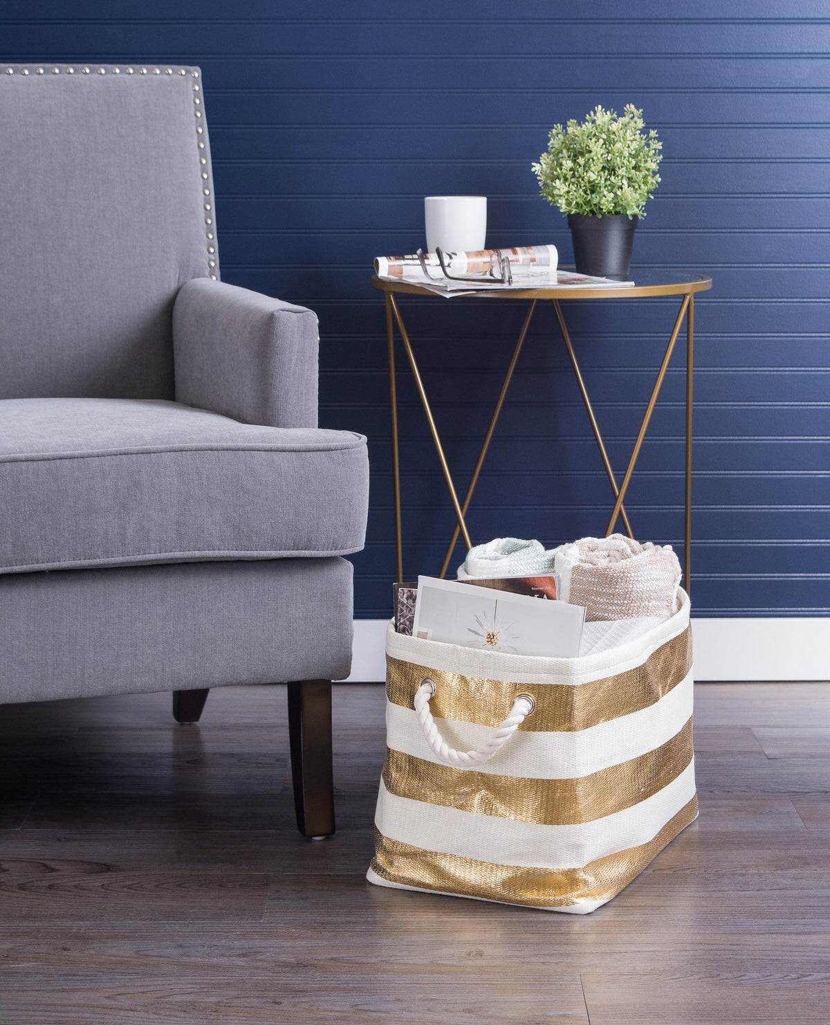 DII Durable Woven Striped Storage Bin Collapsible with Soft Rope Handles Reinforced with Metal