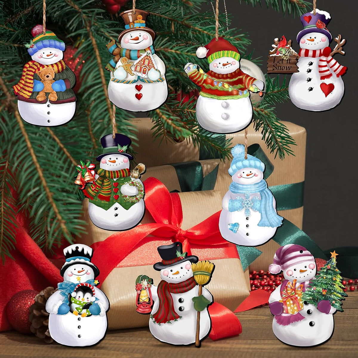 24 Pieces Christmas Snowman Wooden Ornaments Wood Hanging Decoration Set for Christmas Tree Hanging