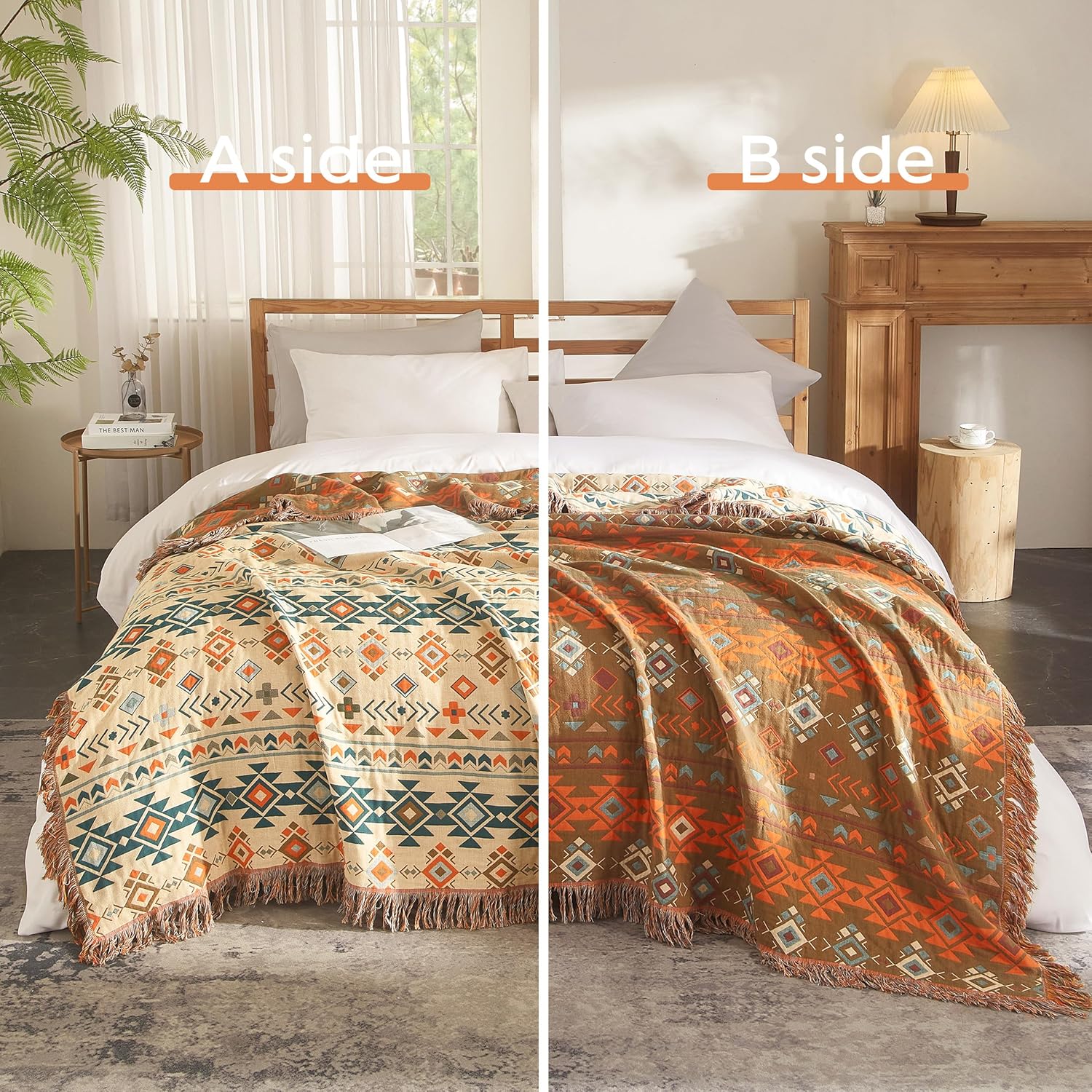 Boho Throw Blanket for Bed 90”x98”, 100% Cotton Woven Blanket for Couch Sofa, Ultra Soft 4-Layer