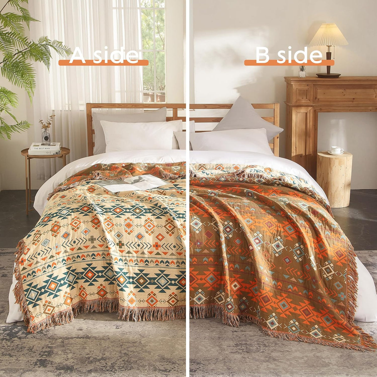 Boho Throw Blanket for Bed 80”x90”, 100% Cotton Woven Blanket for Couch Sofa, Ultra Soft 4-Layer