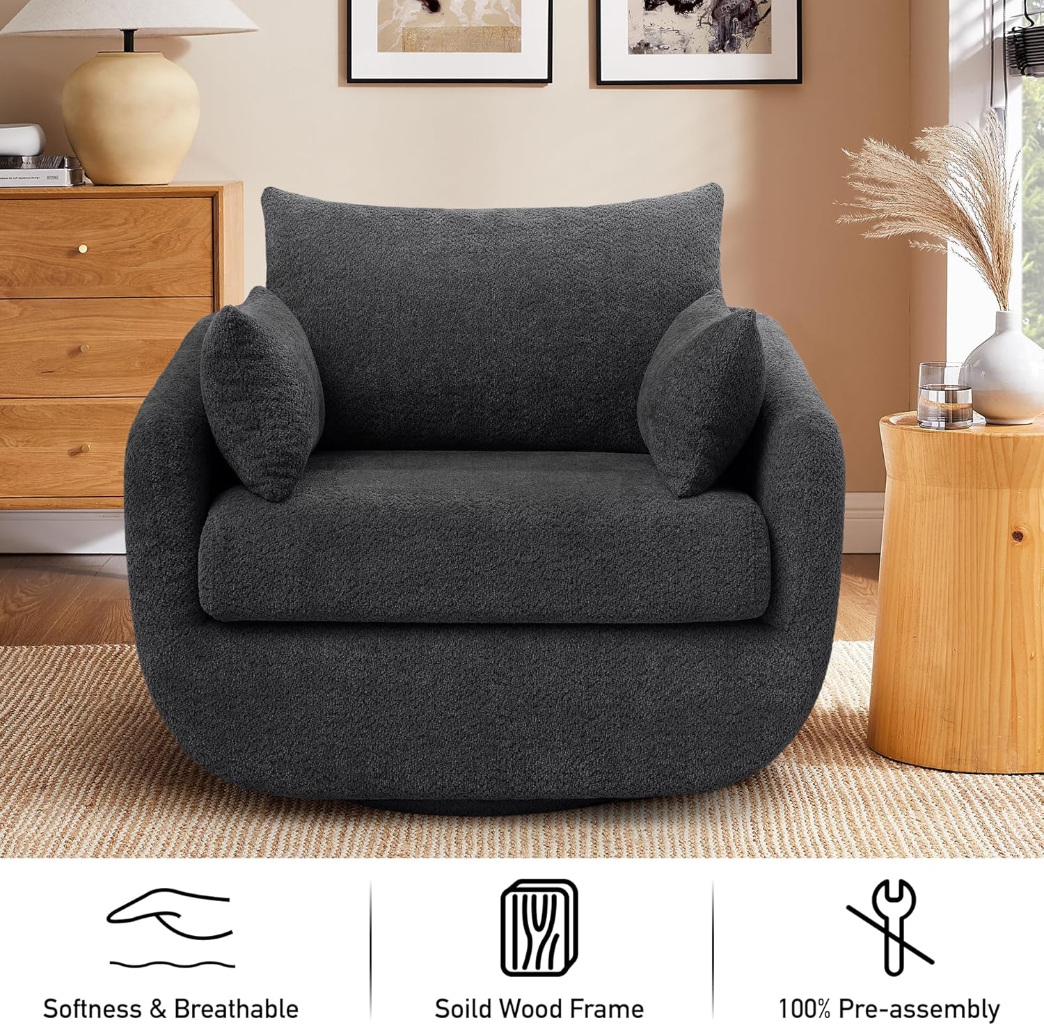 360° Swivel Accent Armchair, 39.3" Oversized, Sherpa Boucle Fabric Sofa Chair with Removable Back &