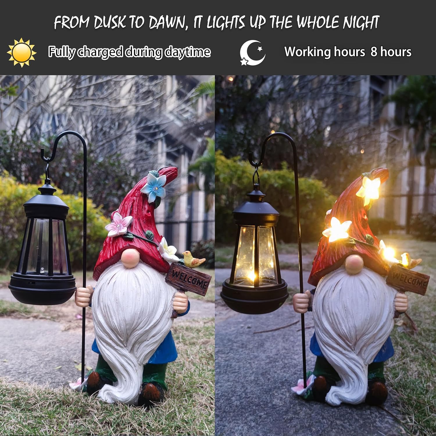 Solar Garden Gnomes Statue with Succulent and 4 LED Lights - Solar Lantern Gnomes Decorations for