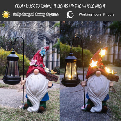 Solar Garden Gnomes Statue with Succulent and 4 LED Lights - Solar Lantern Gnomes Decorations for