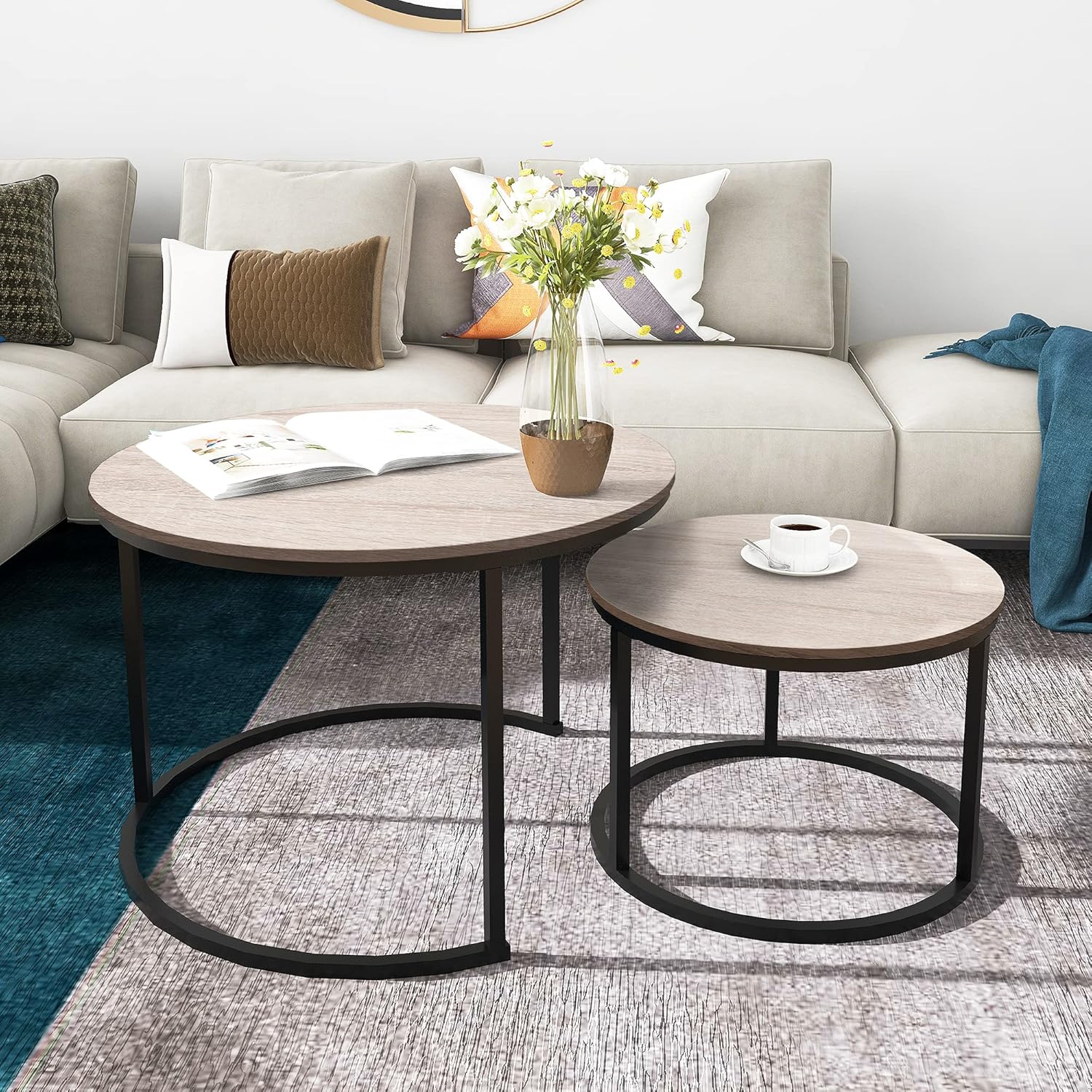 Round Coffee Tables Nesting Side Set of 2 End Tables for Living Room,Round Table with Solid