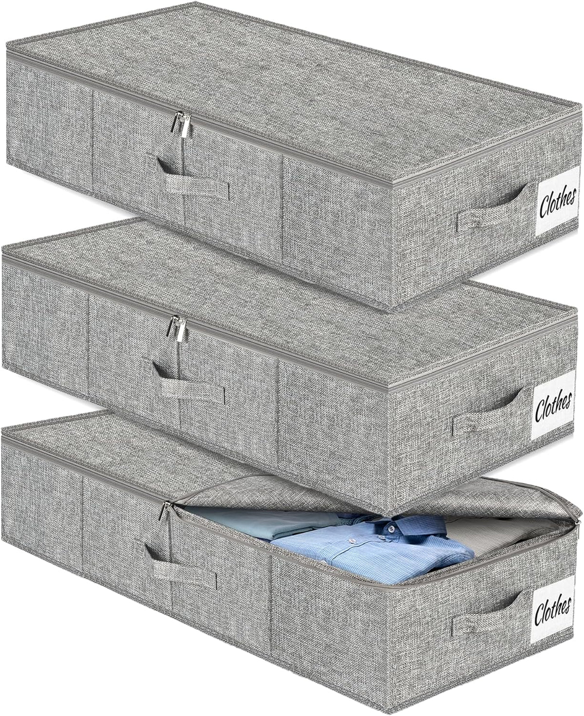 Under Bed Storage Container Bin 3 Pack, Low Profile Foldable Underbed Clothes Storage Organizer W/