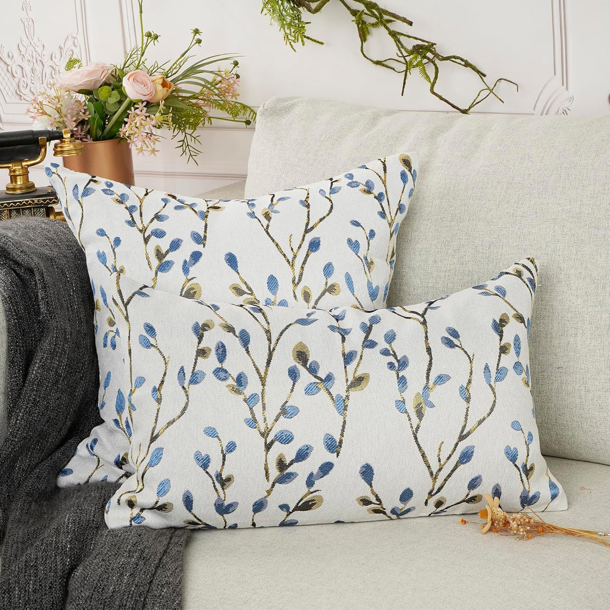 YOUR SMILE Classical Embroidery Jacquard Blue Square Decorative Throw Pillow Case Cushion