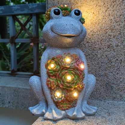Large Frog Solar Garden Outdoor Statues with Succulent and 8 LED Lights,Outside Solar Frog Art