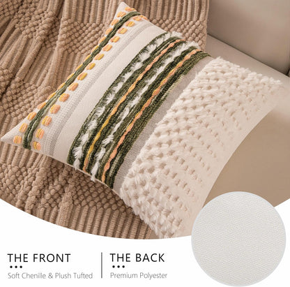 Boho Chenille Tufted Couch Throw Pillow Covers 18x18 Inch Set of 2 Farmhouse Striped Decorative