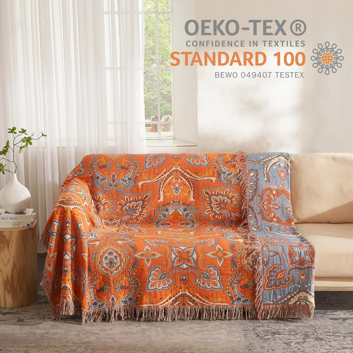 Boho Throw Blanket for Bed 80”x90”, 100% Cotton Woven Blanket for Couch Sofa, Ultra Soft 4-Layer