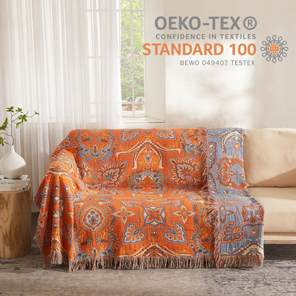 Boho Throw Blanket for Bed 80”x90”, 100% Cotton Woven Blanket for Couch Sofa, Ultra Soft 4-Layer