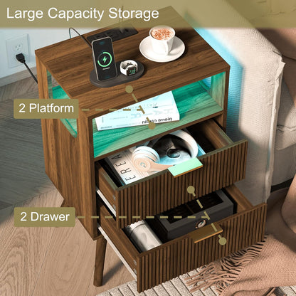 Nightstand with Charging Station and LED Lights,Modern Bedside Table with 2 Storage Drawer and Open