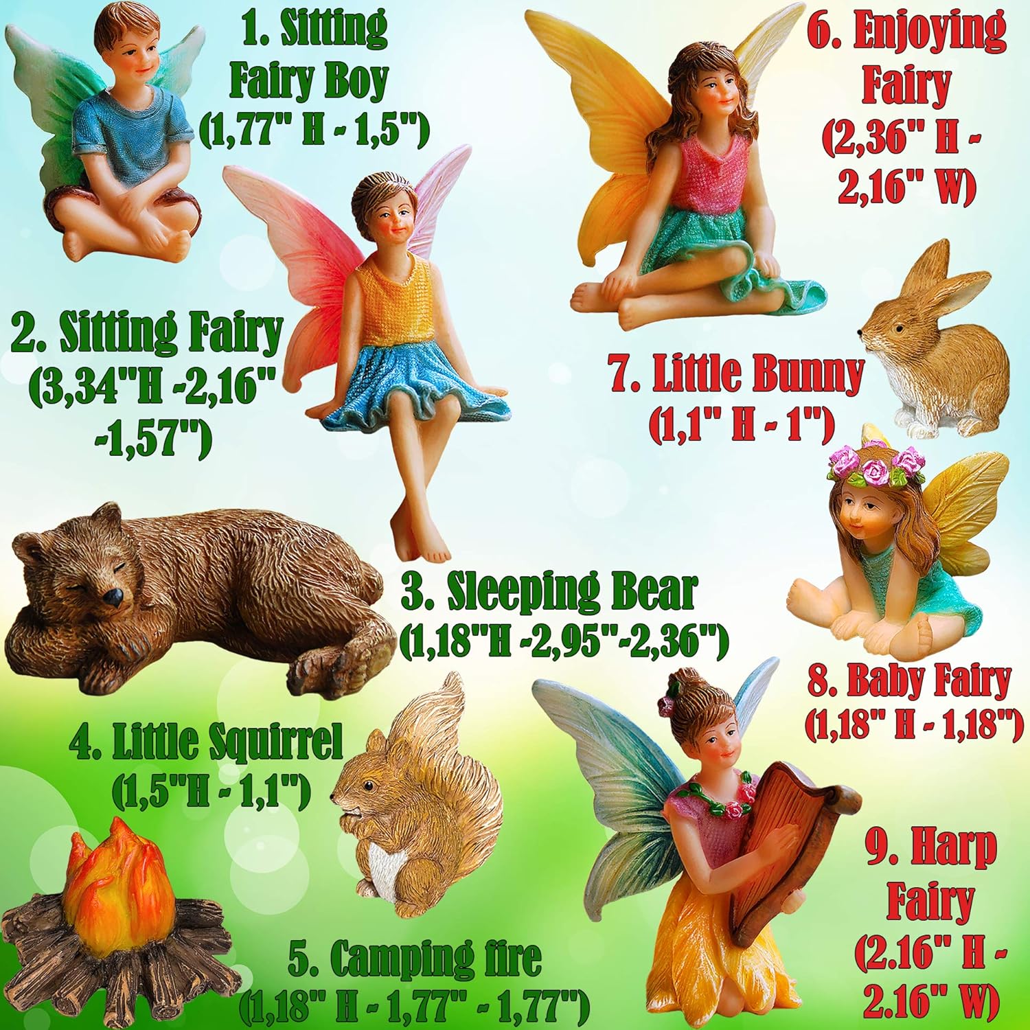 Mood Lab Fairy Garden - Miniature Fairies Figurines Accessories - Camping Kit of 9 pcs - Set for