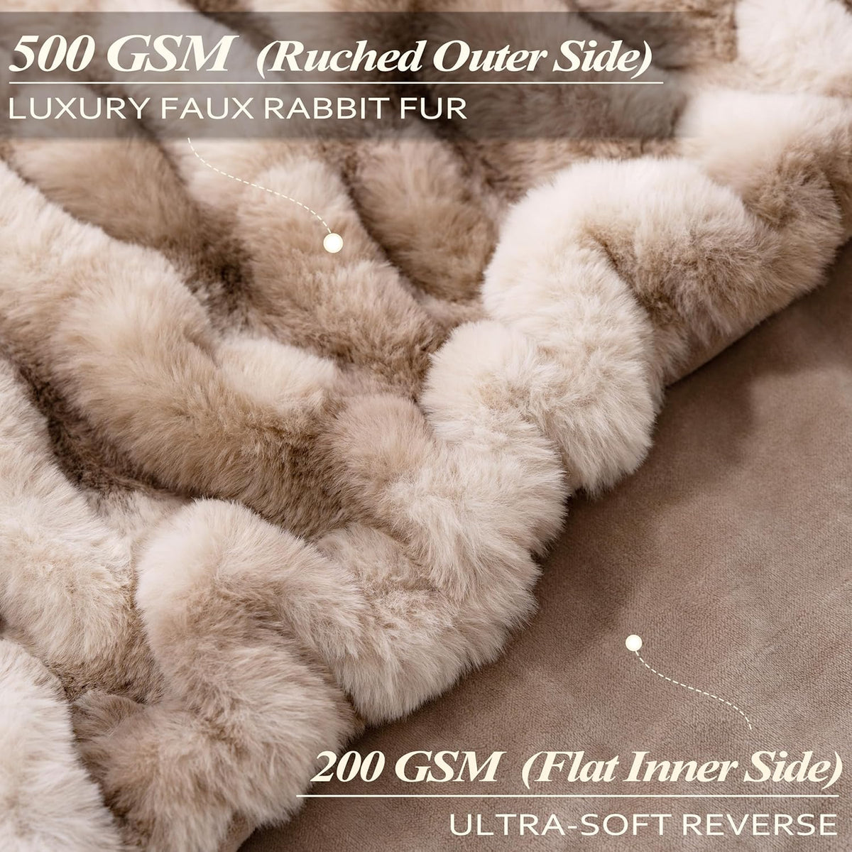 Touchat Ruched Faux Rabbit Fur Throw Blanket, 700 GSM Luxury Dual-Sided Soft Cozy Blanket, Fuzzy