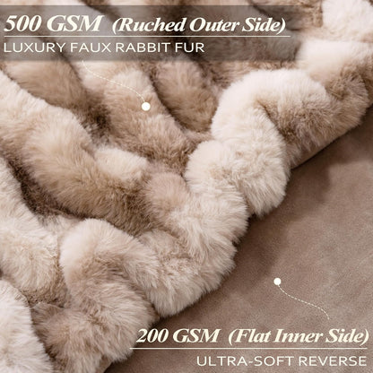 Touchat Ruched Faux Rabbit Fur Throw Blanket, 700 GSM Luxury Dual-Sided Soft Cozy Blanket, Fuzzy