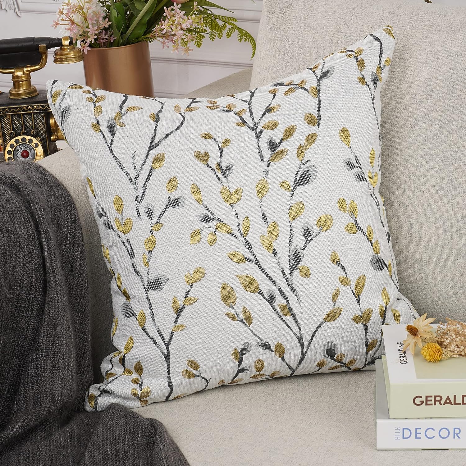 YOUR SMILE Classical Embroidery Jacquard Yellow/Gold Square Decorative Throw Pillow Case Cushion