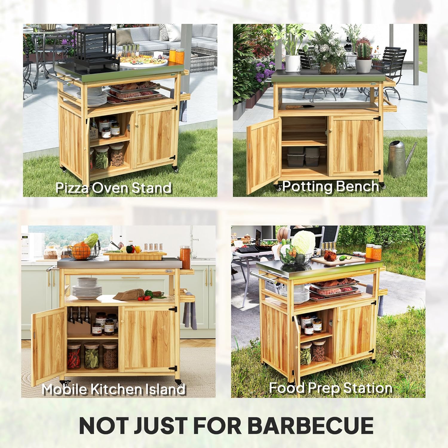 Outsunny Outdoor Grill Cart with Wheels and Storage, Solid Wood Outdoor Kitchen Island with