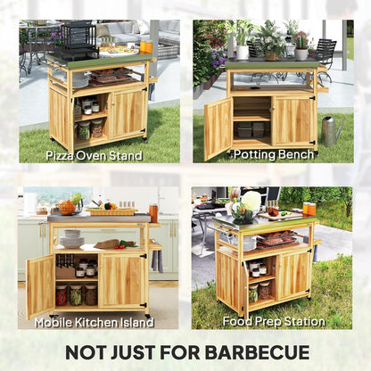 Outsunny Outdoor Grill Cart with Wheels and Storage, Solid Wood Outdoor Kitchen Island with