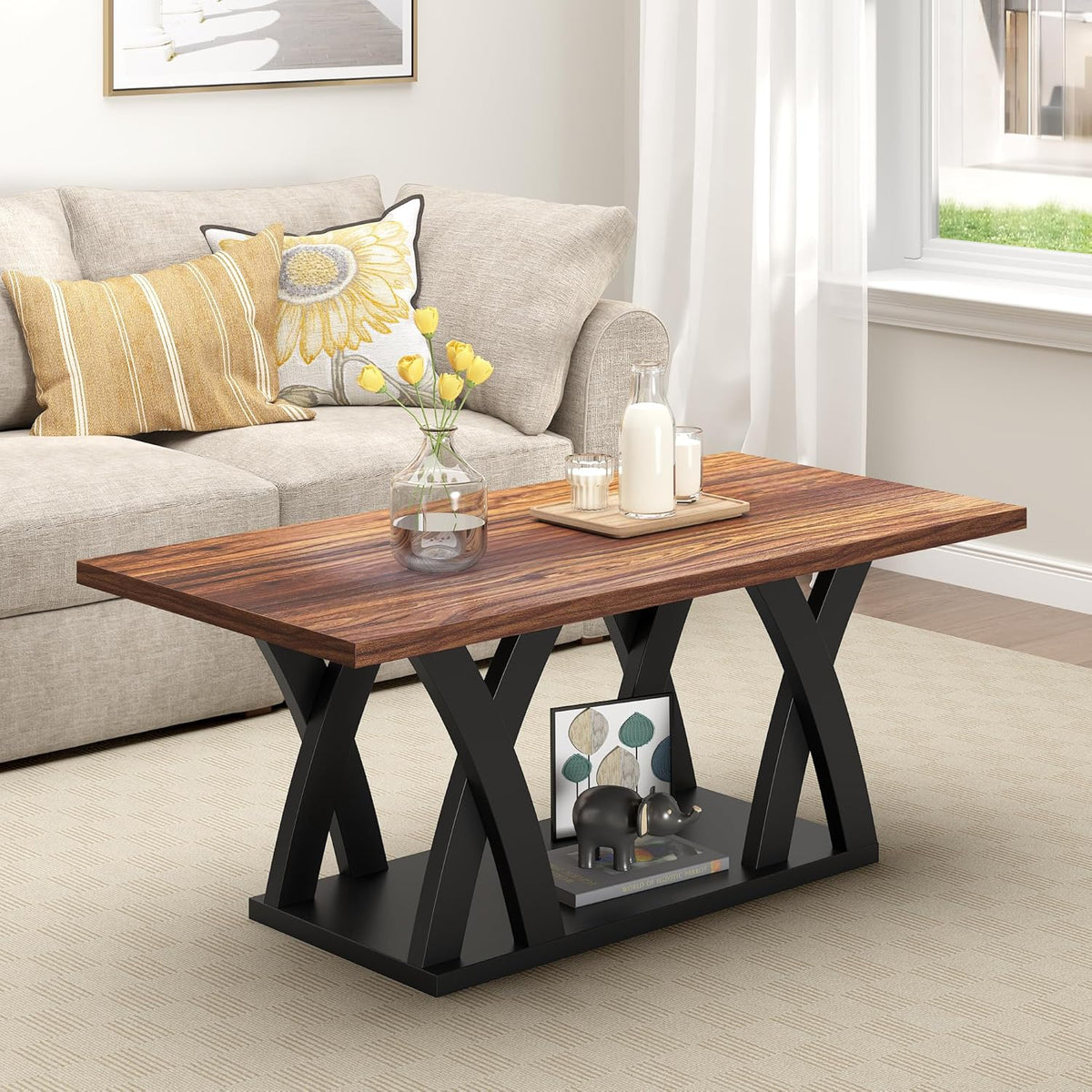 47” Wood Coffee Tables for Living Room Rustic Stands with Storage Shelf Black Blown Coffee Tables