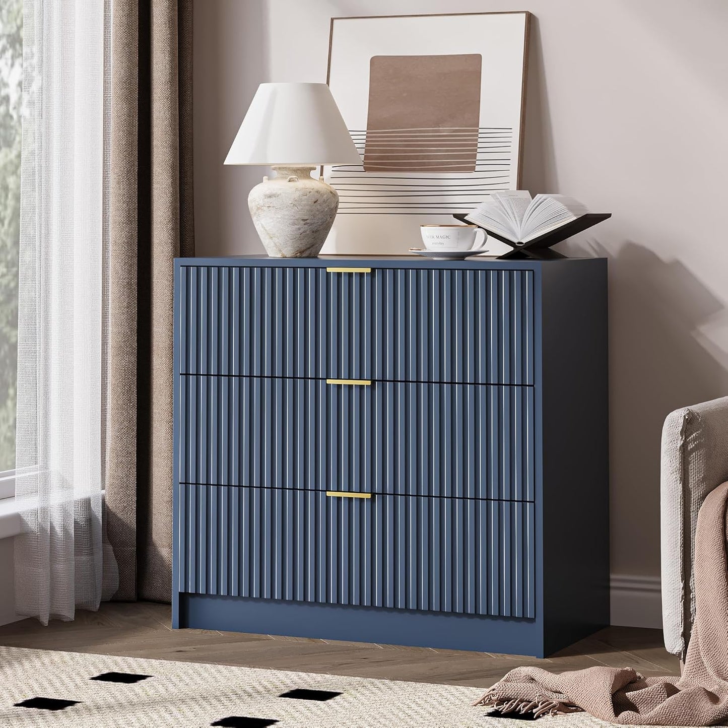 Fluted Dresser for Bedroom, 32 Inch Wide Nightstand with Large Drawer, 3 Drawer End Table for