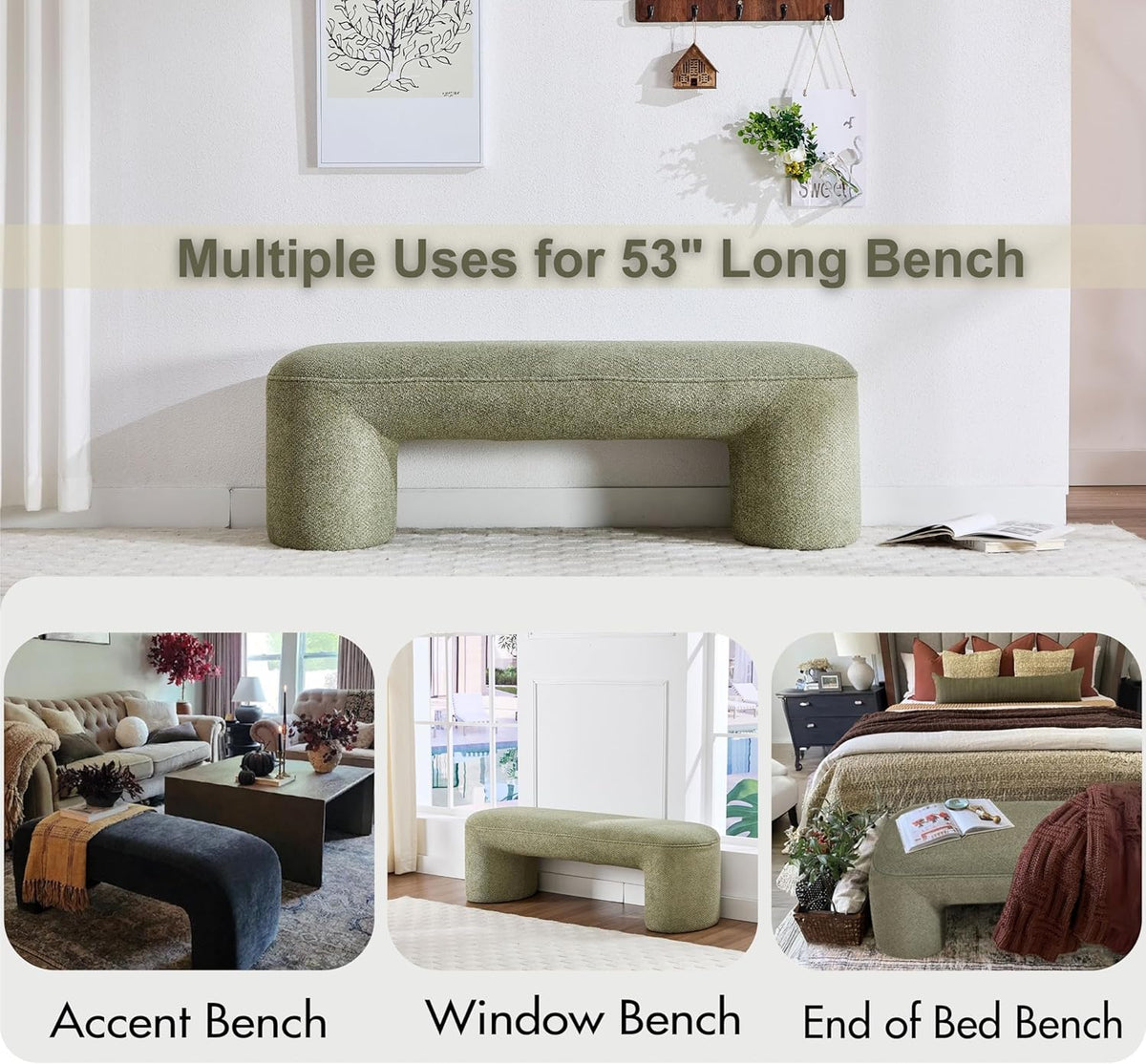 3-Piece 53" Comfy Upholstered Dining Bench with 2 Ottomans, Accent Waterfall Bench Modern End of