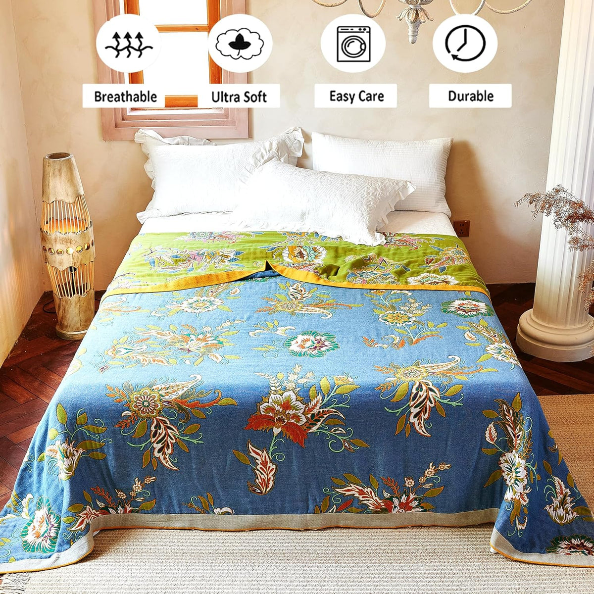 Boho Throw Blanket 80" x 90", 100% Organic Cotton Breathable Ultra Soft Bed Quilt Throw - All