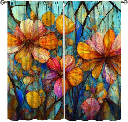 Stained Glass Curtains,Magic Forest Colorful Flowers Abstract Art Home Decor Drapes for Bedroom