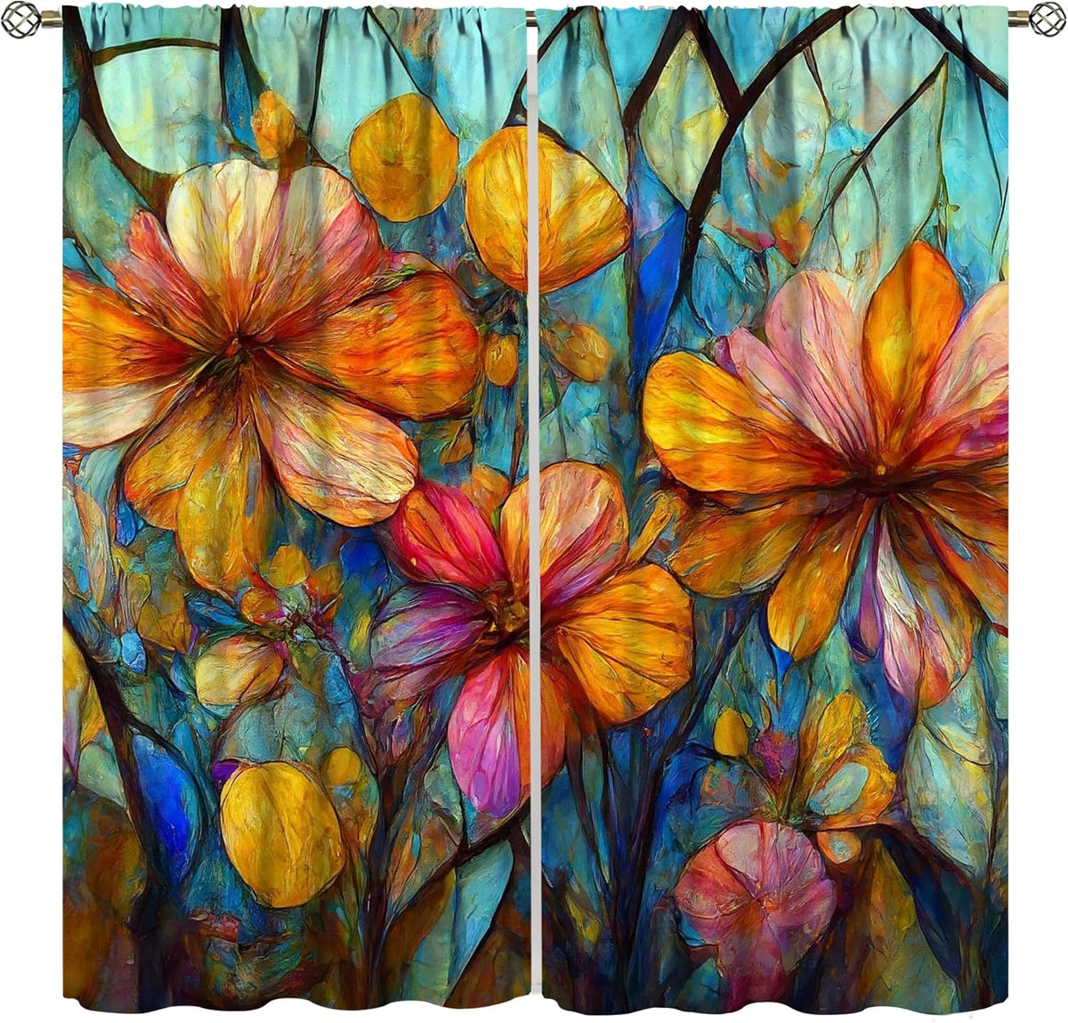 Stained Glass Curtains,Magic Forest Colorful Flowers Abstract Art Home Decor Drapes for Bedroom