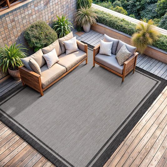 CAMILSON Indoor Outdoor Rug, 6x9 Bordered Gray Modern Area Rugs for Indoor and Outdoor Patios