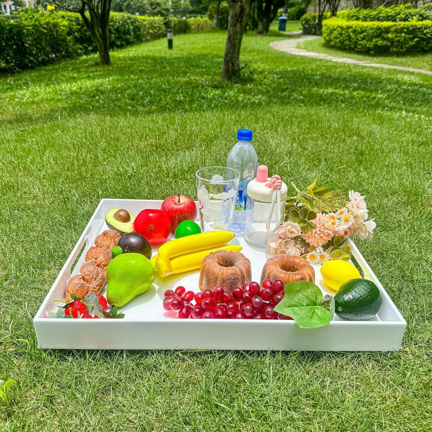 White Rectangular 16x20 Inches Acrylic Ottoman Tray Decorative Serving Tray with Cutout Handles