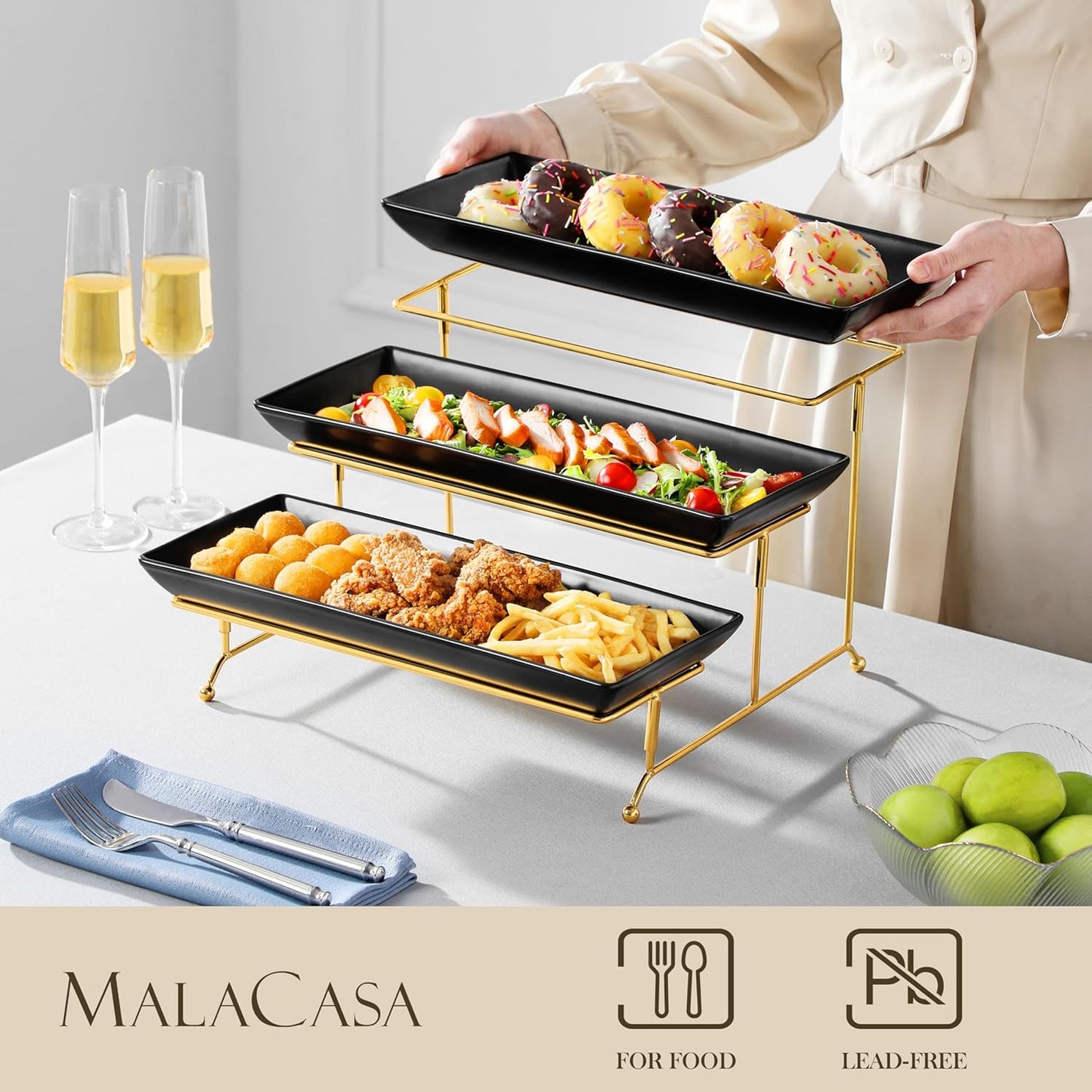 MALACASA 3 Tier Serving Trays for Party, 14 Inch Porcelain Black Trays for Serving Food, Dessert