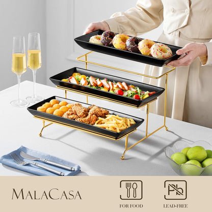 MALACASA 3 Tier Serving Trays for Party, 14 Inch Porcelain Black Trays for Serving Food, Dessert