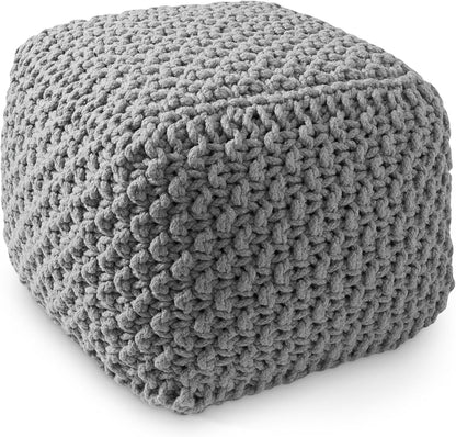 Casafield Square Pouf Ottoman, Light Gray 18.5" W x 18.5" D x 14.5" H Cotton Knit Foot Stool - Boho