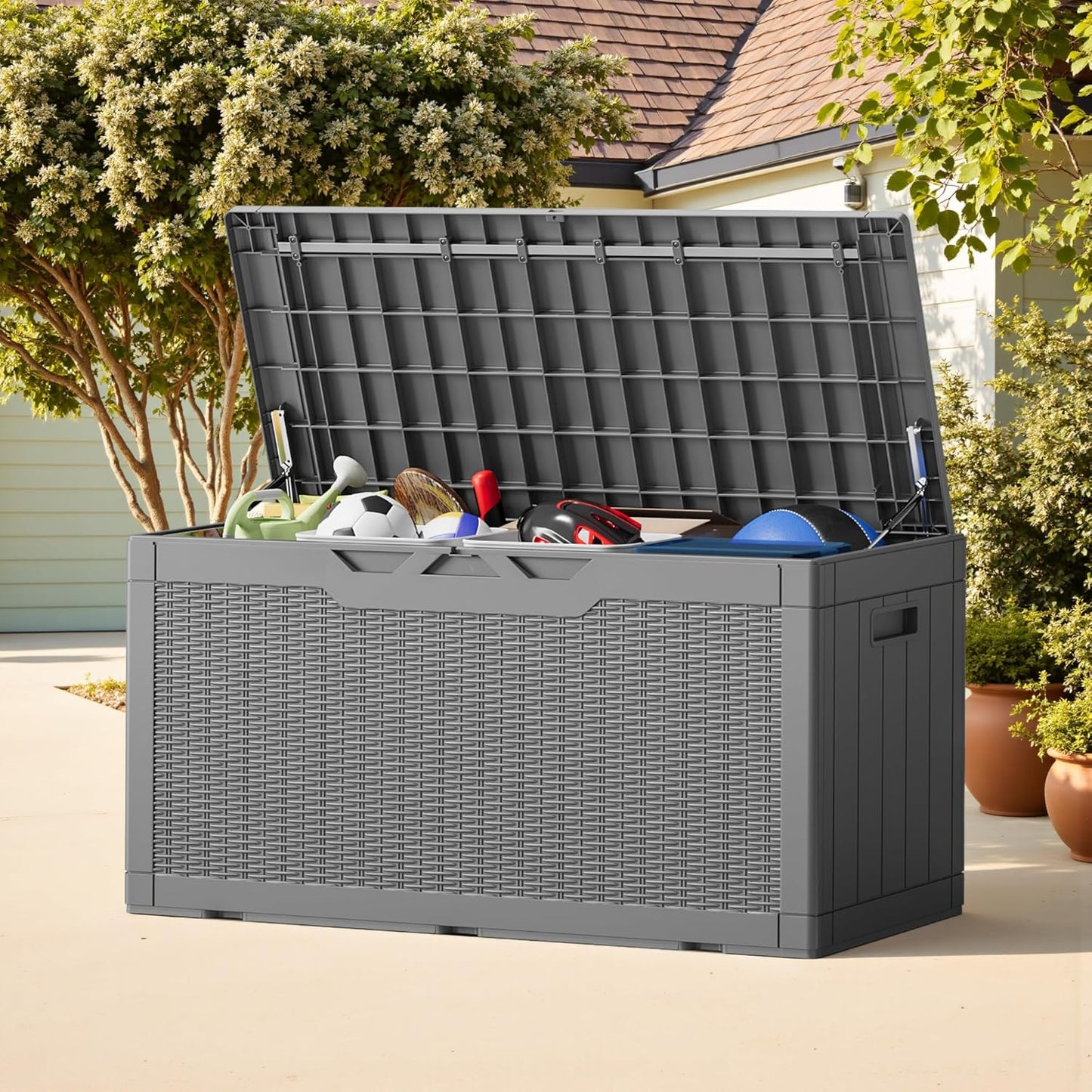 Greesum 100 Gallon Resin Deck Box Lockable Large Outdoor Storage Boxes for Garden Tools, Patio