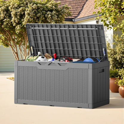 Greesum 100 Gallon Resin Deck Box Lockable Large Outdoor Storage Boxes for Garden Tools, Patio