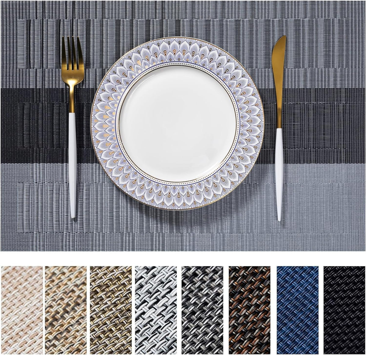 LEXMORE PlaceMats Set of 12 Vinyl/Plastic Woven Place Mats for Kitchen Table Indoor/Outdoor