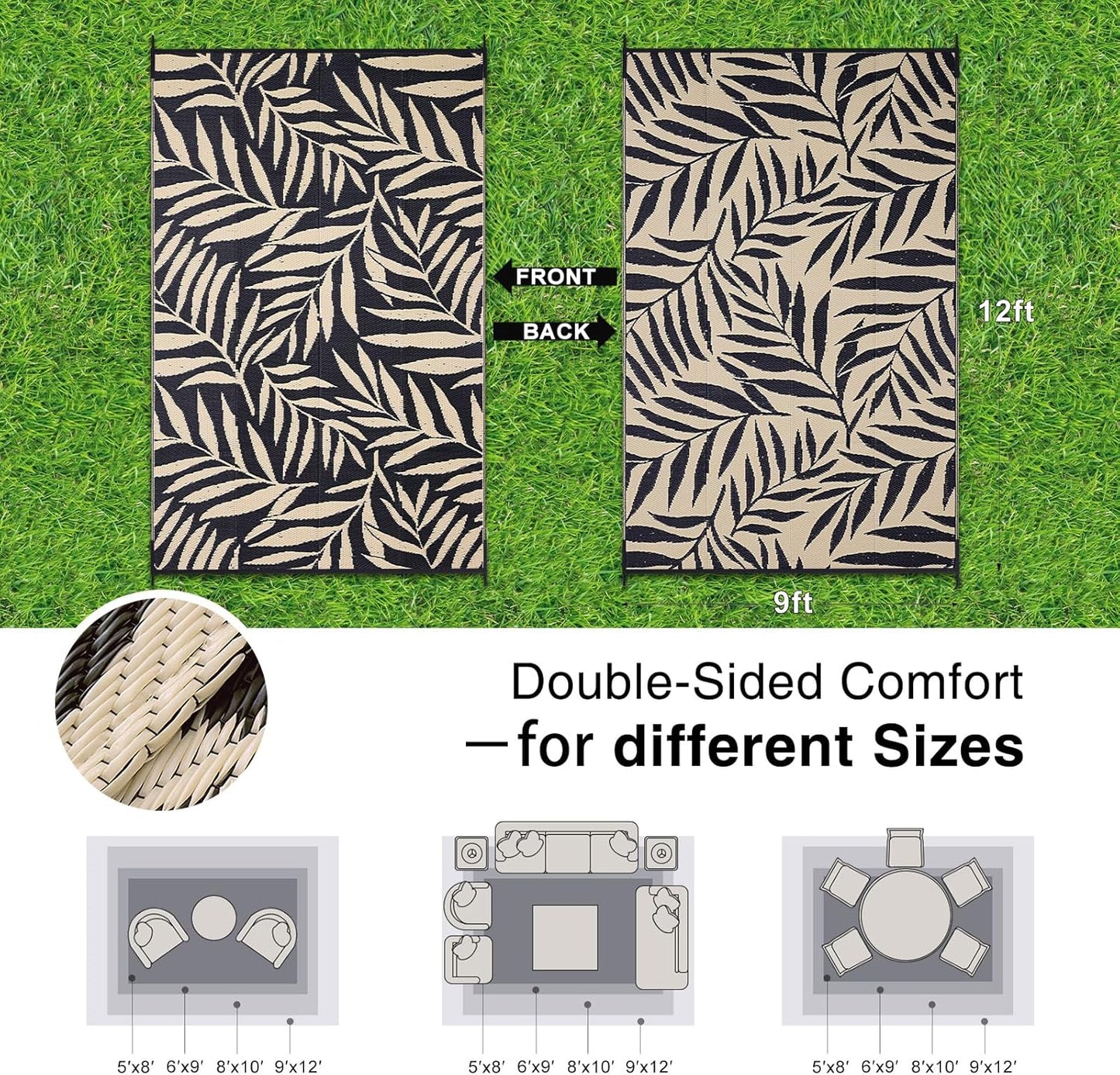 OLANLY Waterproof Outdoor Rug 9x12 ft, Reversible Outdoor Plastic Straw Rug with Leaf Pattern, RV