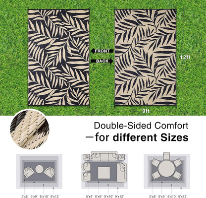 OLANLY Waterproof Outdoor Rug 9x12 ft, Reversible Outdoor Plastic Straw Rug with Leaf Pattern, RV