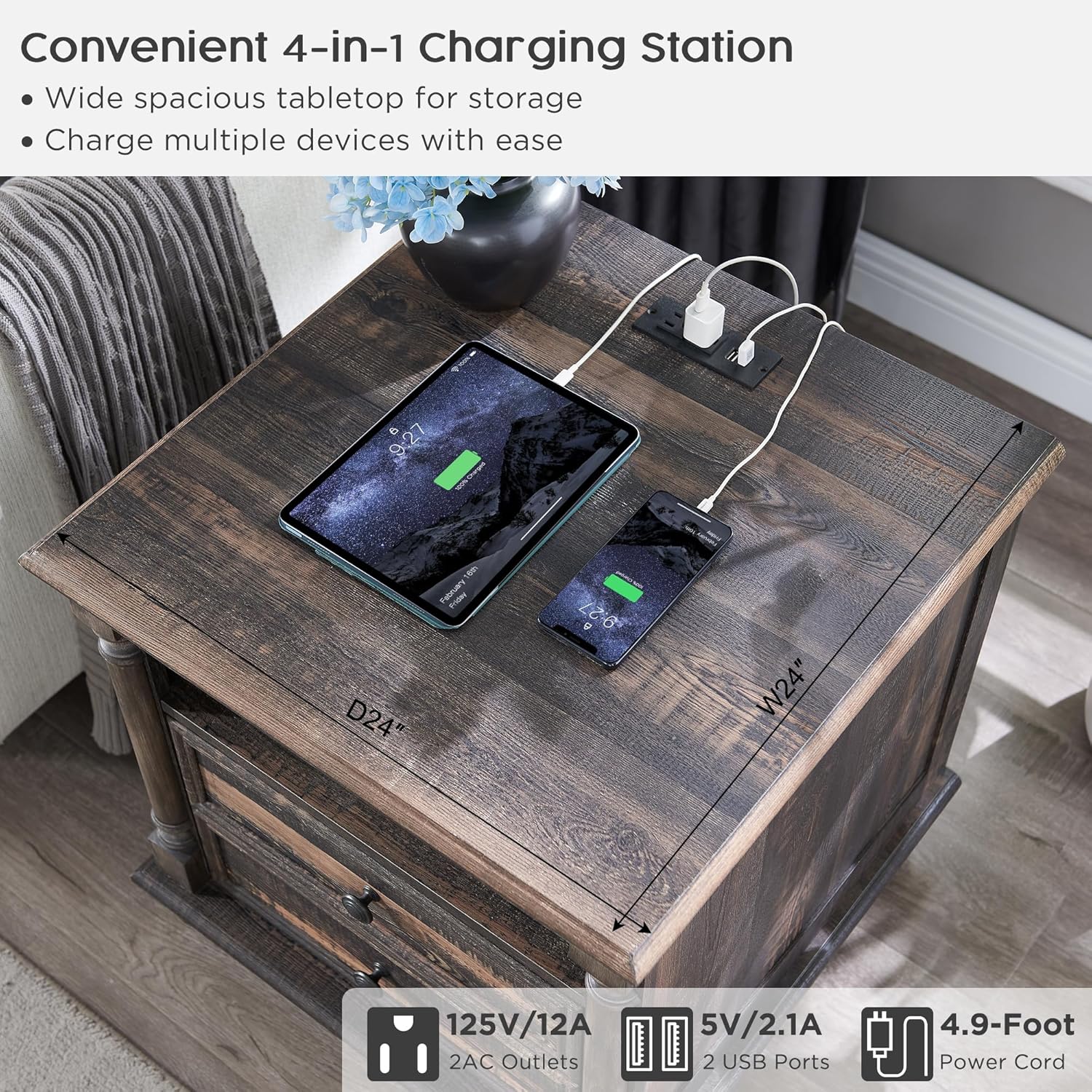 T4TREAM 24'' Farmhouse End Table w/4 Solid Wood Feet, Large 2 Drawers Wide Sofa Side Table with