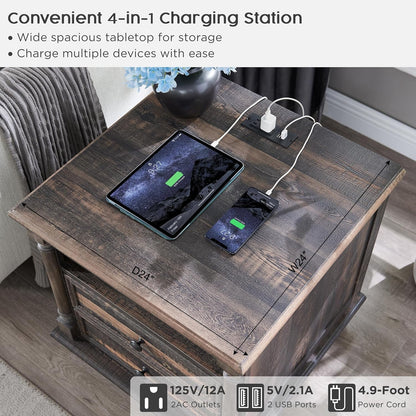 T4TREAM 24'' Farmhouse End Table w/4 Solid Wood Feet, Large 2 Drawers Wide Sofa Side Table with