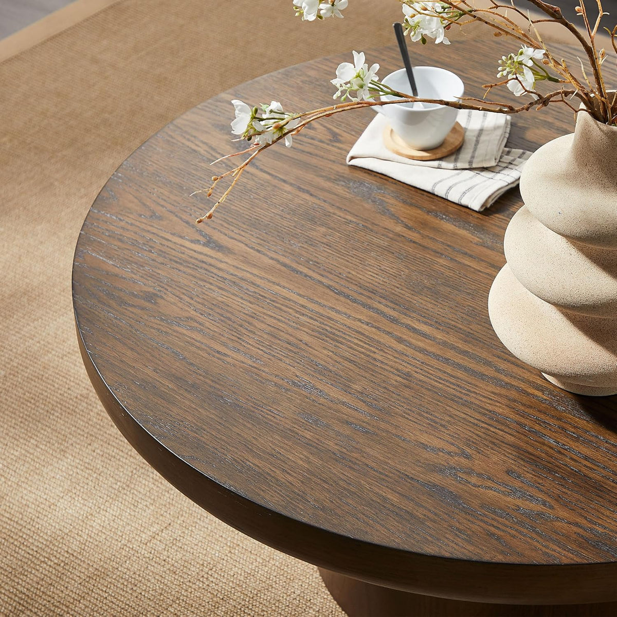 WILLIAMSPACE 35.98" Round Coffee Table with Cylindrical Base, Modern Wood Drum Center Table, Accent