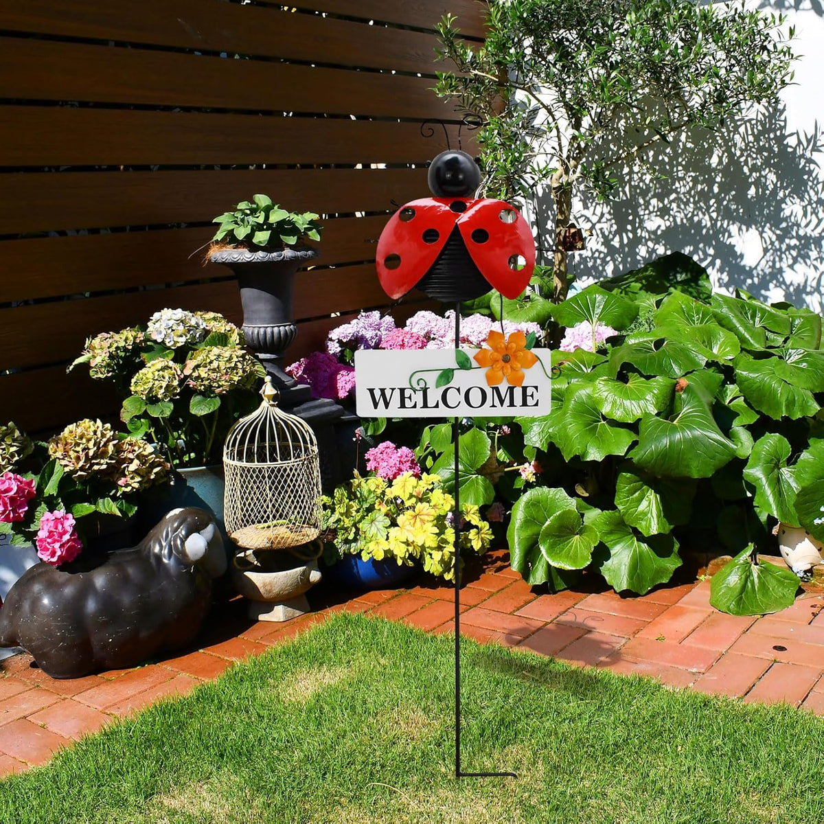 Veclotch 30"" H Metal Ladybug Garden Stake,Rustic Ladybird Decorative Yard Stakes Metal Yard Art